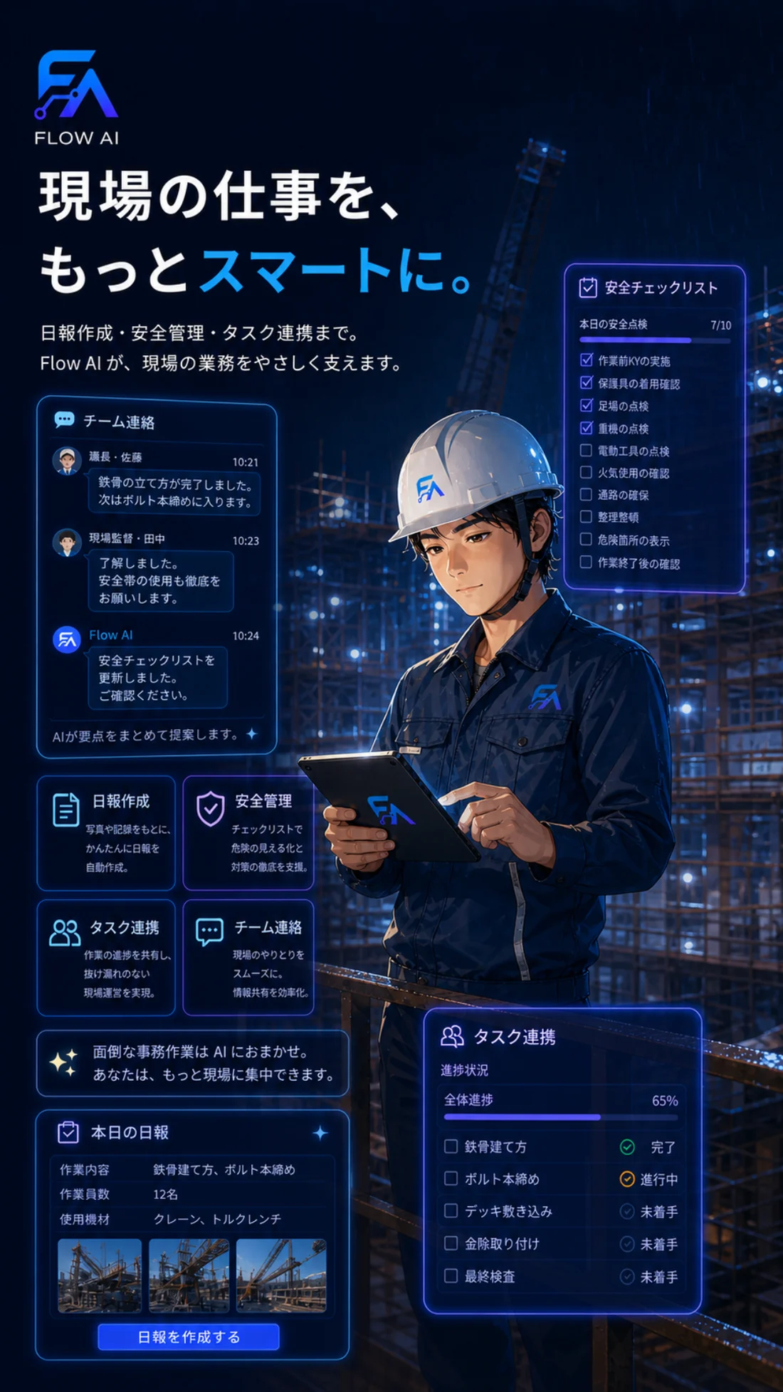 建設現場や現場仕事でFLOW AIを使うイメージ