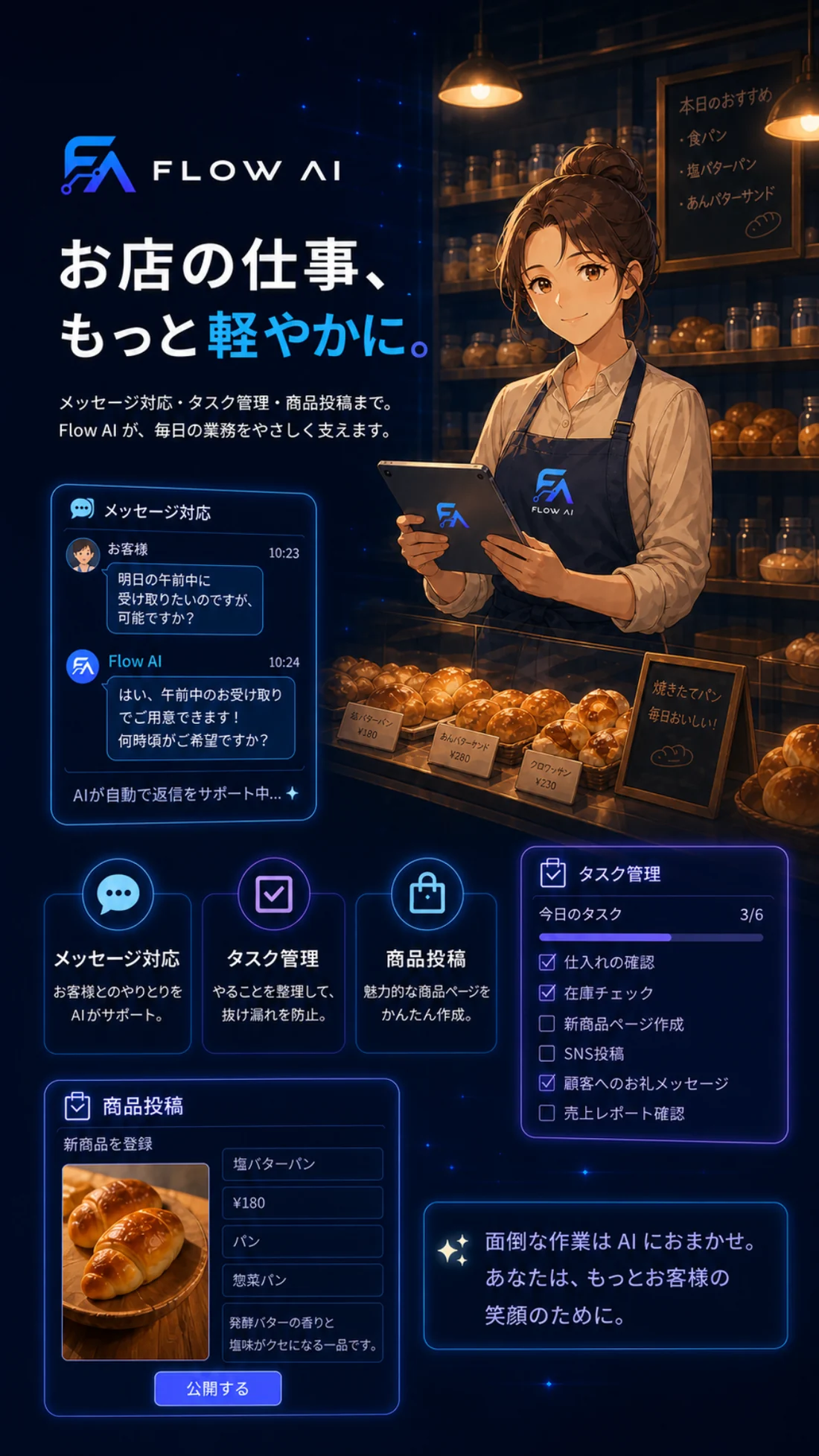街のお店の業務をFLOW AIでスムーズにするイメージ